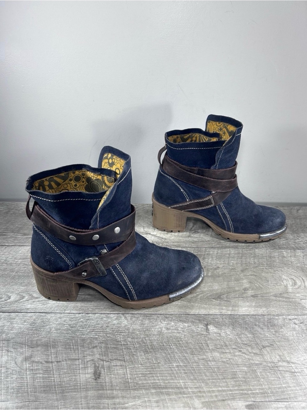 Fly London Lok Blue Suede Lug Sole Ankle Steel Tip Punk Grunge Goth Boots 9-9.5